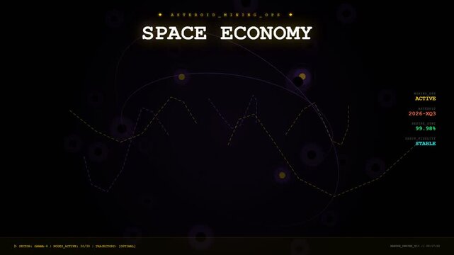 Dynamic abstract interface visualizing a futuristic space economy, monitoring asteroid mining operations with optimal trajectories and stable orbit fidelity.