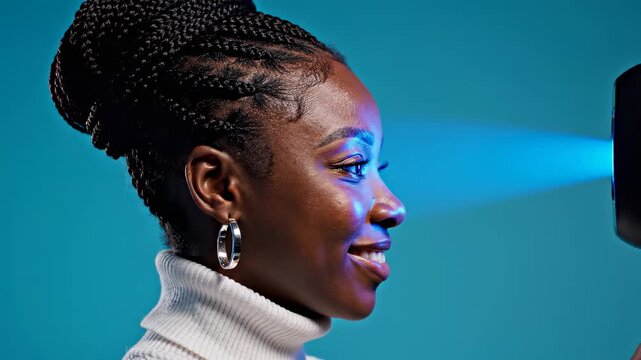 This shows a woman undergoing facial recognition scanning with a blue light beam, demonstrating advanced face ID technology in a futuristic setting.