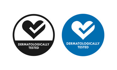 Dermatologically tested seal logo featuring a heart and check mark icon in a serrated circle, signifying product safety, clinical approval, and skin care quality assurance. © Deni