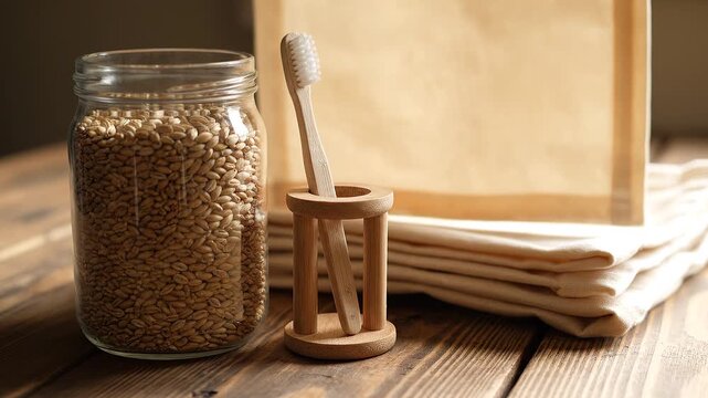 Sustainable living items in a jar with bamboo toothbrush and reusable bag on wooden table