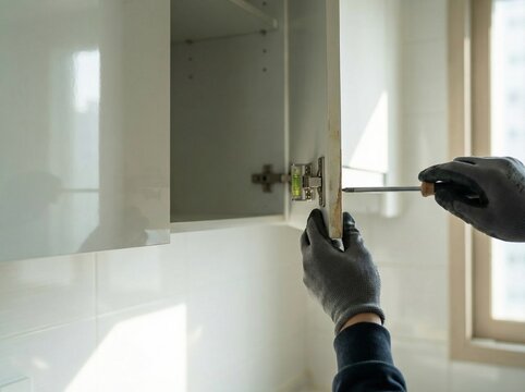 Closeup of a persons gloved hands using a screwdriver to install a cabinet hinge.