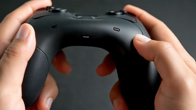 Person with calm mood holding a black wireless game controller with both hands preparing to play a video game