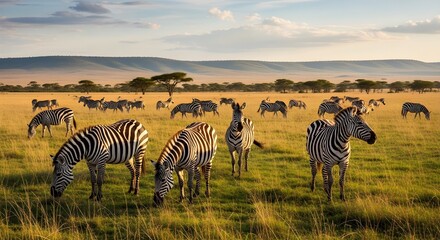 Obraz premium Zebras grazing peacefully on African savanna at sunset