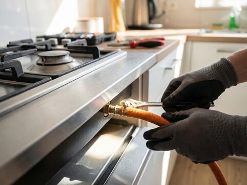 Professional technician connecting gas hose to a modern kitchen stove.