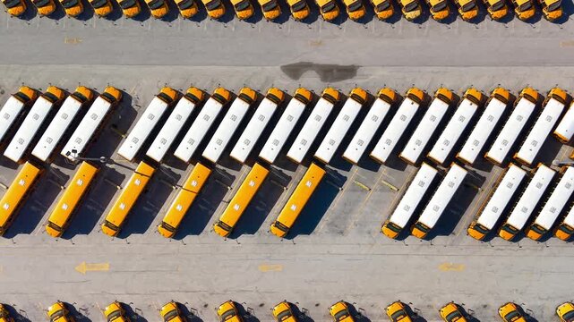 Aerial top down view of row of yellow school buses in parking lot
