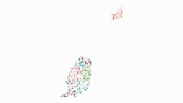 Grenada map animation. Shape of the country with pulsating colored dots. Small size circle blocks. Digital style Grenada map on white background. Modern video.