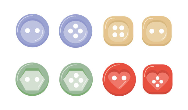Flat vector design of sewing buttons of different shapes and colors, isolated on white background.