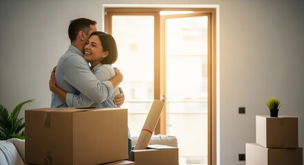 Fototapeta premium Joyful Couple Embracing in Their New Home, Starting a Fulfilling Journey Together with Love