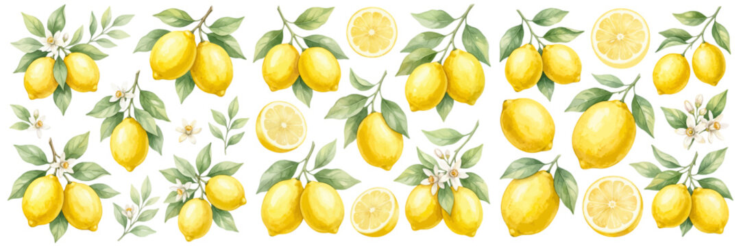 A watercolor collection of lemon fruits featuring whole lemons, sliced citrus, green leaves, and blossoms in a fresh botanical style isolated on white background.
