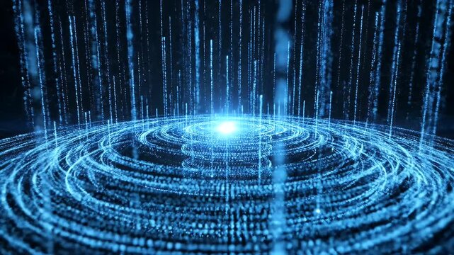 Abstract digital data stream with glowing blue binary code particles forming a circular vortex of information