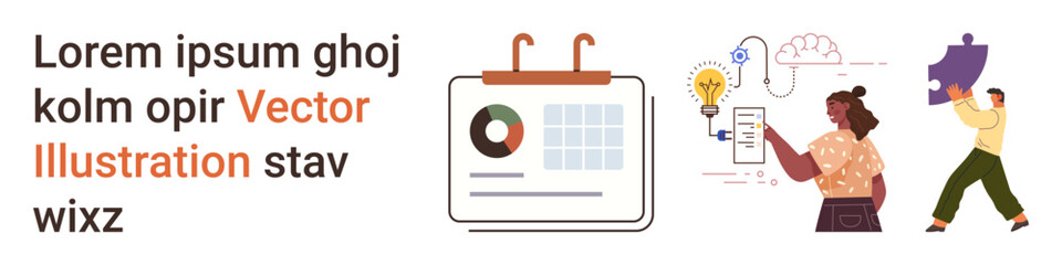 Business planning, teamwork, creativity, productivity, innovation, workflow. A calendar, lightbulb idea process and team collaboration visuals. Business planning and creativity concept © robu_s