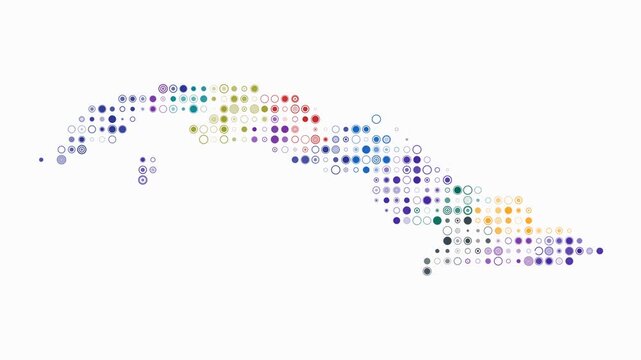 Cuba map animation. Shape of the country with pulsating colored dots. Small size circle blocks. Digital style Cuba map on white background. Modern video.