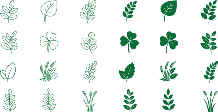 A comprehensive collection of green leaf and plant vector icons, featuring various botanical shapes and styles, perfect for nature-themed designs.