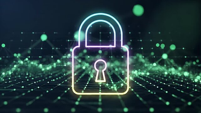 A glowing neon padlock symbol represents digital security and data protection in a futuristic network.