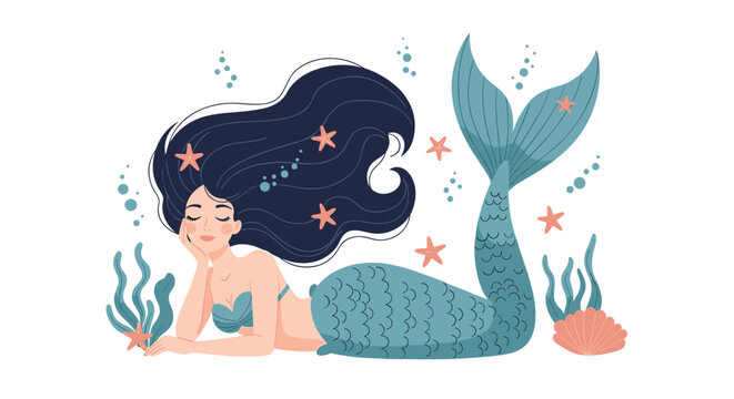 Beautiful mermaid with long dark hair and a blue fish tail resting underwater among starfish shells and seaweed.