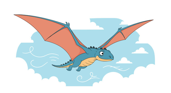 Blue pterodactyl dinosaur flying high in the sky with orange wings among fluffy clouds and wind swirls.