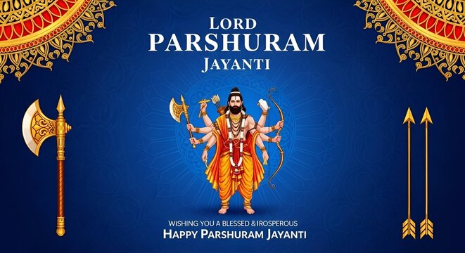 Image is a vibrant, digitally illustrated poster celebrating 'Lord Parshuram Jayanti.' The layout is symmetrical with a central figure of Lord Parshuram, depicted with multiple arms holding traditiona