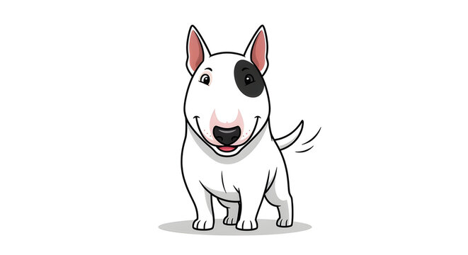 A cartoon bull terrier dog with a black patch over one eye stands smiling on a white background