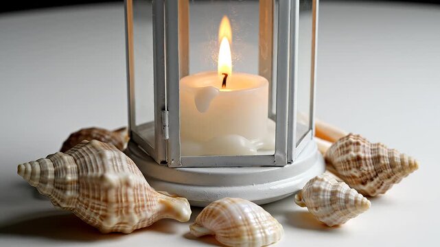 Close-up of an elegant white metal lantern with a lit candle inside, surrounded by various seashells on a clean white surface, creating a peaceful coastal atmosphere and warm glow.