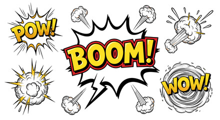 Fototapeta premium Comic style explosion effects with words pow boom wow in action