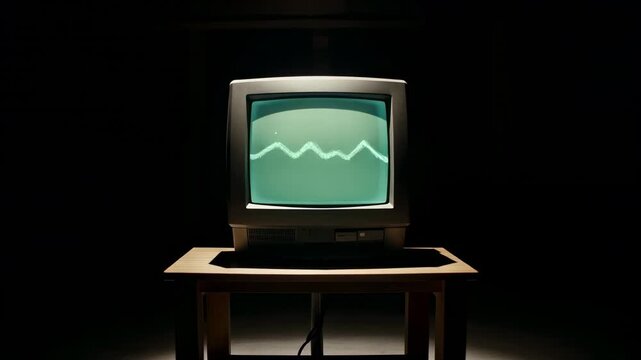 This captures a static error screen on an old television set placed on a table in a dark room, illustrating technical difficulties and a sense of distress.