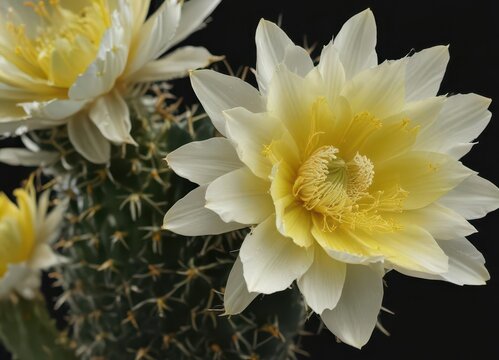 Epiphyllum oxypetalum white-yellow cactus flower on black background, cactus flower,  flowering plant