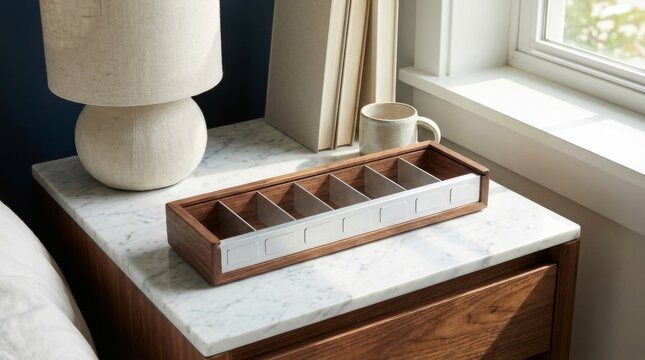 Longevity Routine: Minimalist walnut wood and aluminum weekly pill organizer