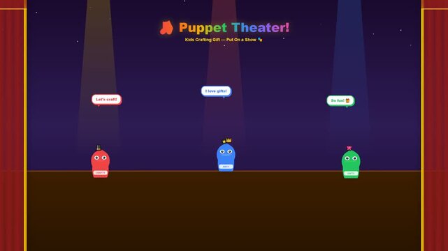 Celebrate creativity and thoughtful Mother's Day Gifts with this animated puppet show featuring colorful characters discussing crafting and presents on a spotlighted stage.