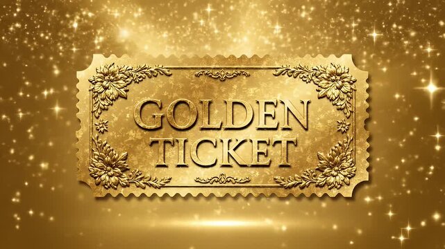 A golden ticket with the words golden ticket embossed on it, set against a sparkling golden background.