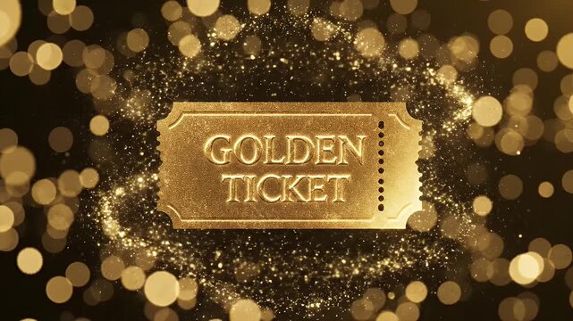 A golden ticket with the words golden ticket written on it surrounded by glittering particles and bokeh lights