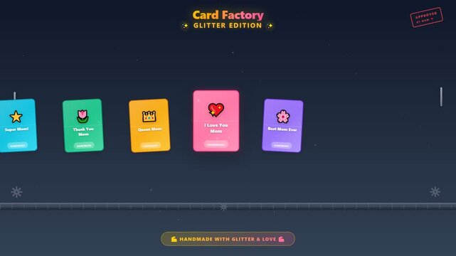 Creating unique Mother's Day Gifts through a whimsical digital card factory interface featuring handmade glitter edition designs and heartfelt messages.
