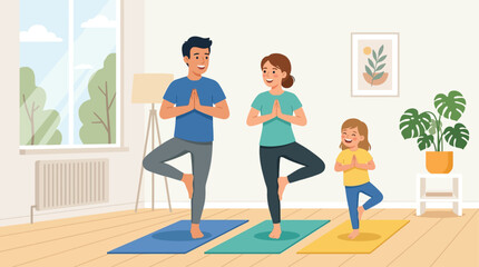Fototapeta premium This flat design vector illustration portrays a happy family enjoying yoga together, emphasizing bonding and shared wellness activities. A clean, modern graphic celebrating family health and togethern