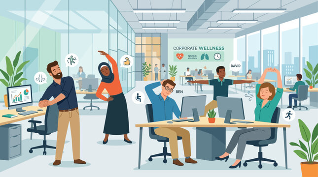 This flat design illustration shows office workers engaging in quick yoga stretches during a break, promoting corporate wellness and stress relief. A clean, modern graphic for professional health init