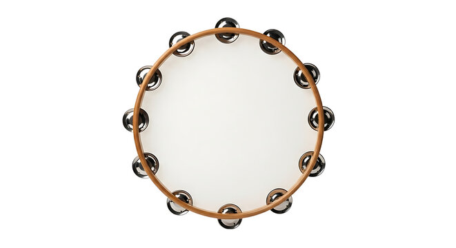 The image displays a close-up view of a traditional musical instrument with metal jingles on a white background.