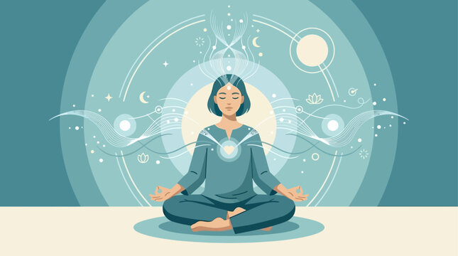 This flat design vector illustration captures the essence of mindfulness and inner peace achieved through yoga and meditation. A clean, modern graphic conveying serenity and mental well-being.
