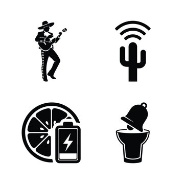 Music and technology icon set featuring musician and battery symbols