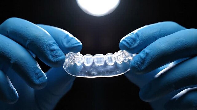 Close-up of Dentist Hands in Blue Gloves Holding a Clear Dental Retainer for Teeth Alignment and Orthodontic Treatment