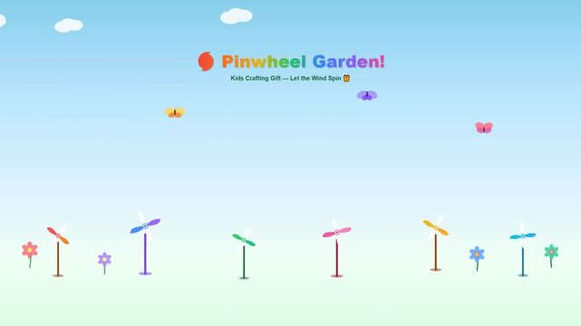 Joyful Mother's Day Gifts in an animated pinwheel garden with spinning wind catchers, playful butterflies, and bright flowers under a blue sky, ideal for kids' crafts.