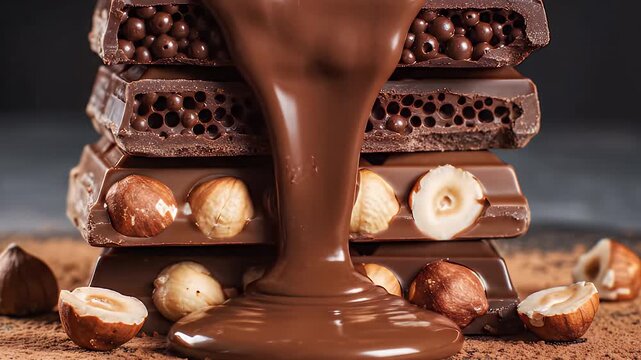 Gourmet Chocolate Stack with Molten Ganache Drip and Hazelnuts
