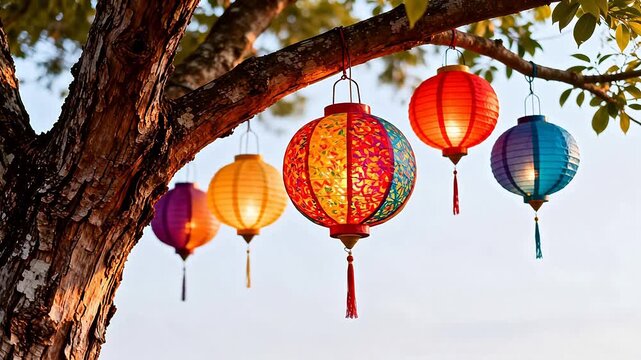 Colorful lanterns hanging from tree branch