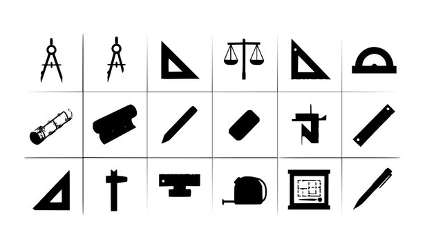  set of black and white drafting tools vector graphic icons