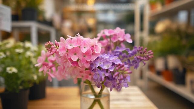 Close-up of pink and purple Matthiola incana Francesca flowers in a glass vase on a wooden table inside a garden shop with blurred shelves of potted plants in the background.