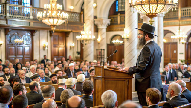 Man Speaking at Podium in Front of Crowd