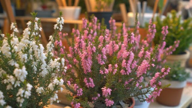 Close-up of pink and white flowering Erica gracilis shrubs in terracotta pots on a market counter in Greece, featuring blooming Cape heath plants with bell-shaped flowers.