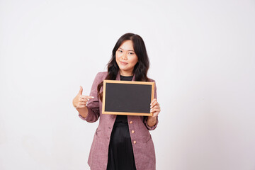 Fototapeta premium Professional Woman Pointing Finger at Blank Blackboard Mockup