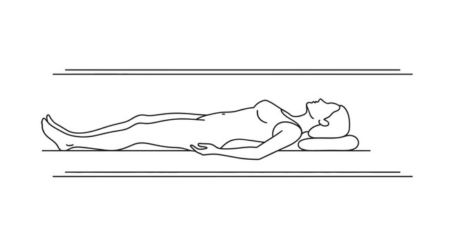 Woman lying down on a mattress with pillow, relaxed pose, minimalist line art illustration