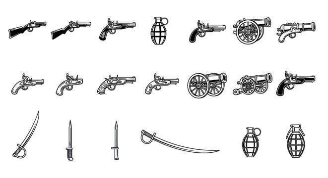 Vintage Weaponry Collection: Muskets, Pistols, Cannons, Grenades, Swords, Knives