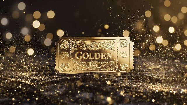 A golden ticket with the word golden printed on it, surrounded by glittering particles and bokeh lights