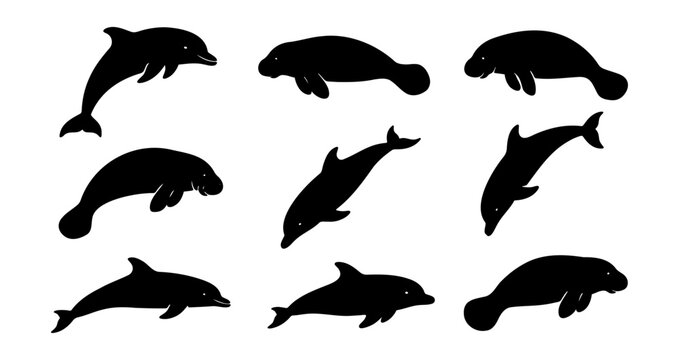 Dolphin and manatee silhouettes vector art illustration set for graphic design and print projects