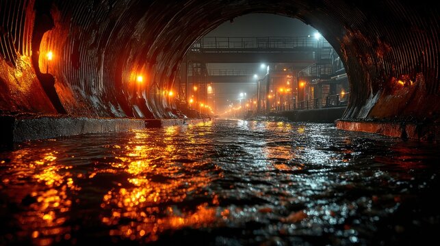 Dark Industrial Tunnel with Flowing Water and Orange Light Reflections